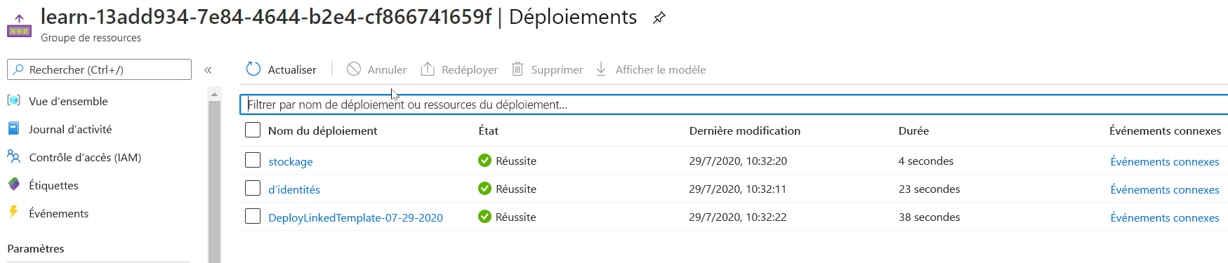 Interface du Portail Azure pour le déploiement spécifique sans aucune ressource répertoriée.