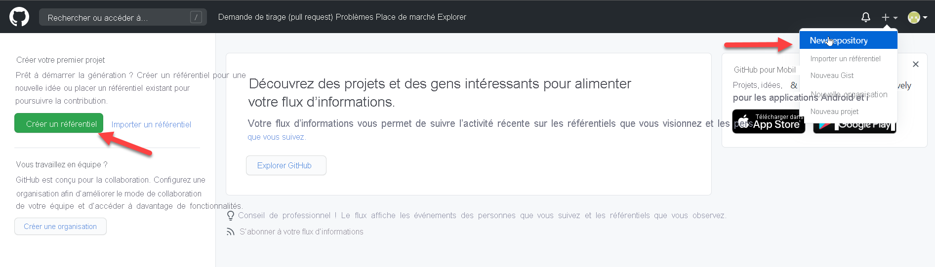 Capture d’écran montrant les sélections à effectuer pour créer un dépôt GitHub.