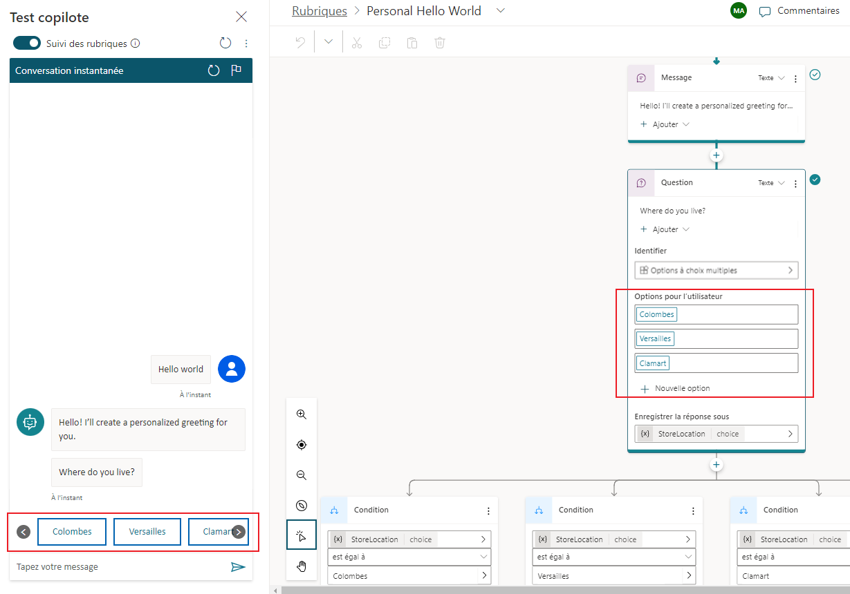 Capture d’écran du suivi d’une conversation dans Microsoft Copilot Studio.