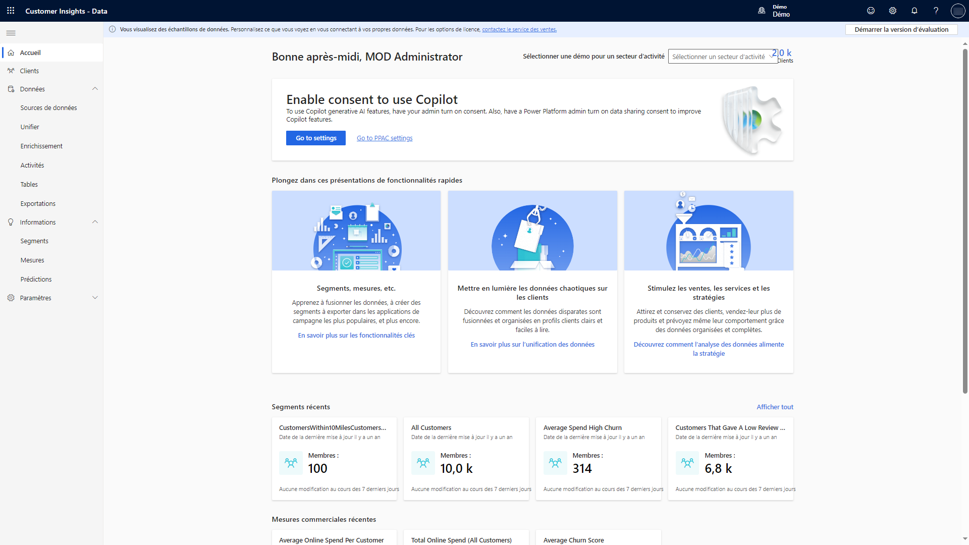 Capture de l’écran d’accueil de Customer Insights - Data.