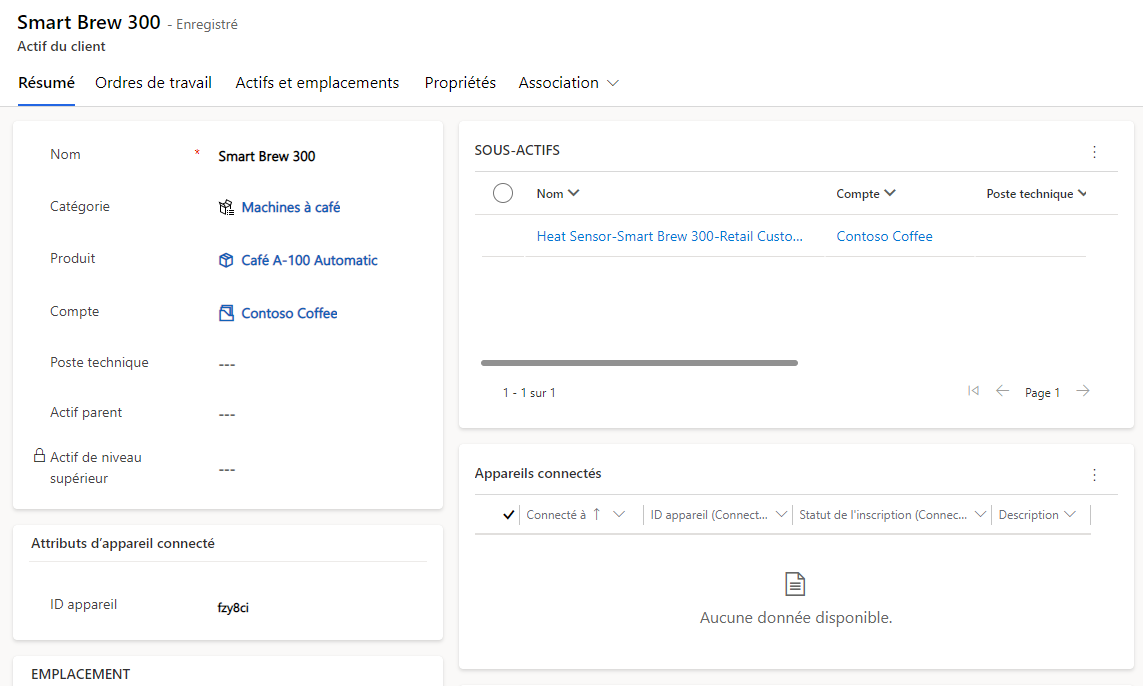 Capture d’écran d’un exemple d’actif client saisi dans Dynamics 365 Field Service.