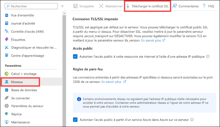 Capture d’écran montrant le panneau Mise en réseau Azure Database pour MySQL sur le Portail Azure.