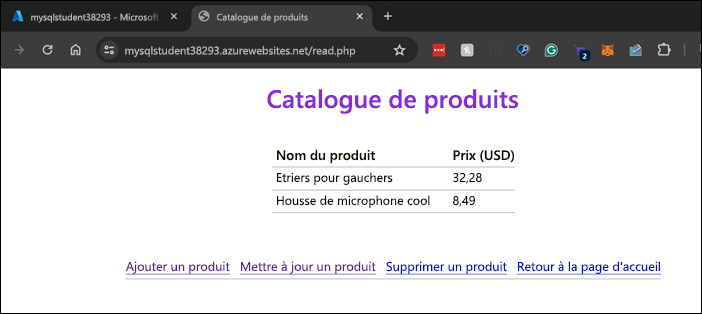 Capture d’écran de l’application web déployée affichée dans le navigateur web.