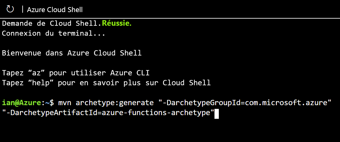 Image showing the Maven command to create an Azure Function archetype.