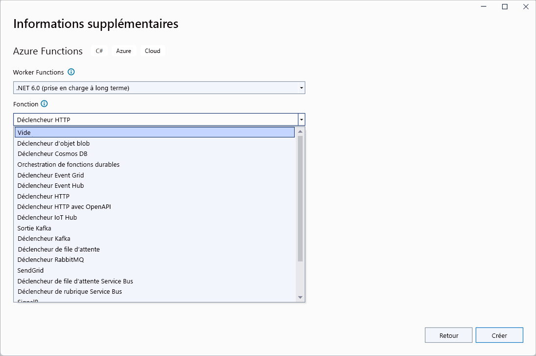 Capture d’écran montrant les déclencheurs de fonction Azure disponibles, avec le déclencheur HTTP mis en évidence.