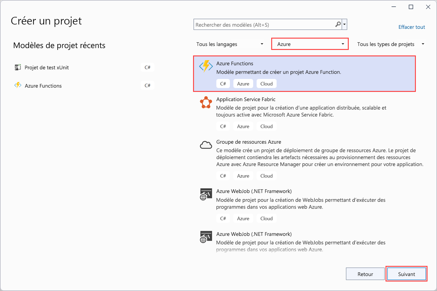 Capture d’écran de la page Créer un projet de Visual Studio 2022 avec le modèle Azure Functions en surbrillance.
