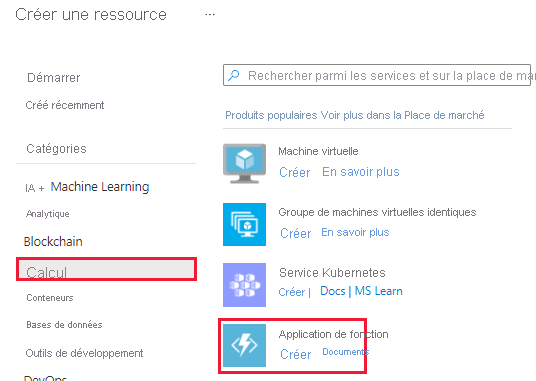 Capture d’écran de la catégorie Compute et de l’option de service Application de fonction