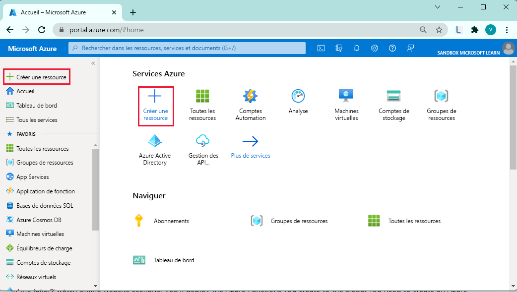 Capture d’écran du menu du portail Azure et de l’option Créer une ressource.