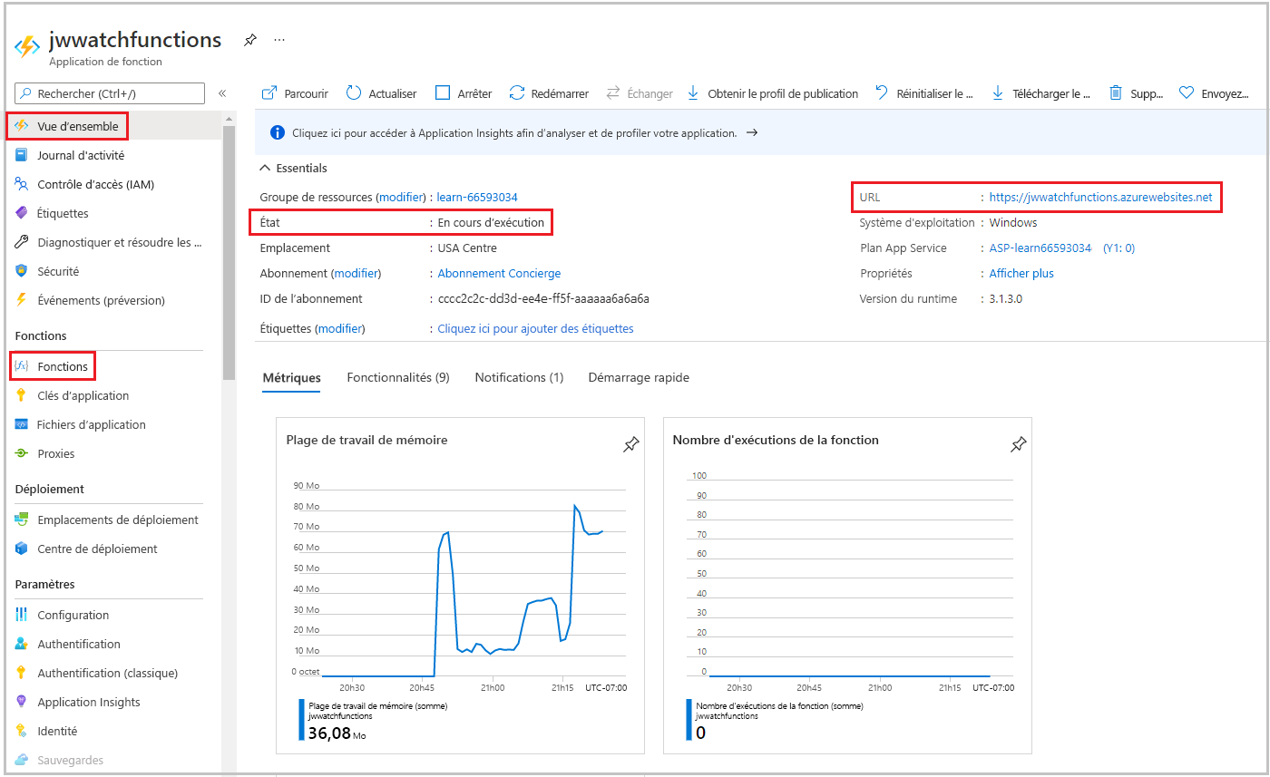 Capture d’écran du portail Azure montrant le volet Application de fonction avec les fonctions « Function1 » et « WatchInfo ».