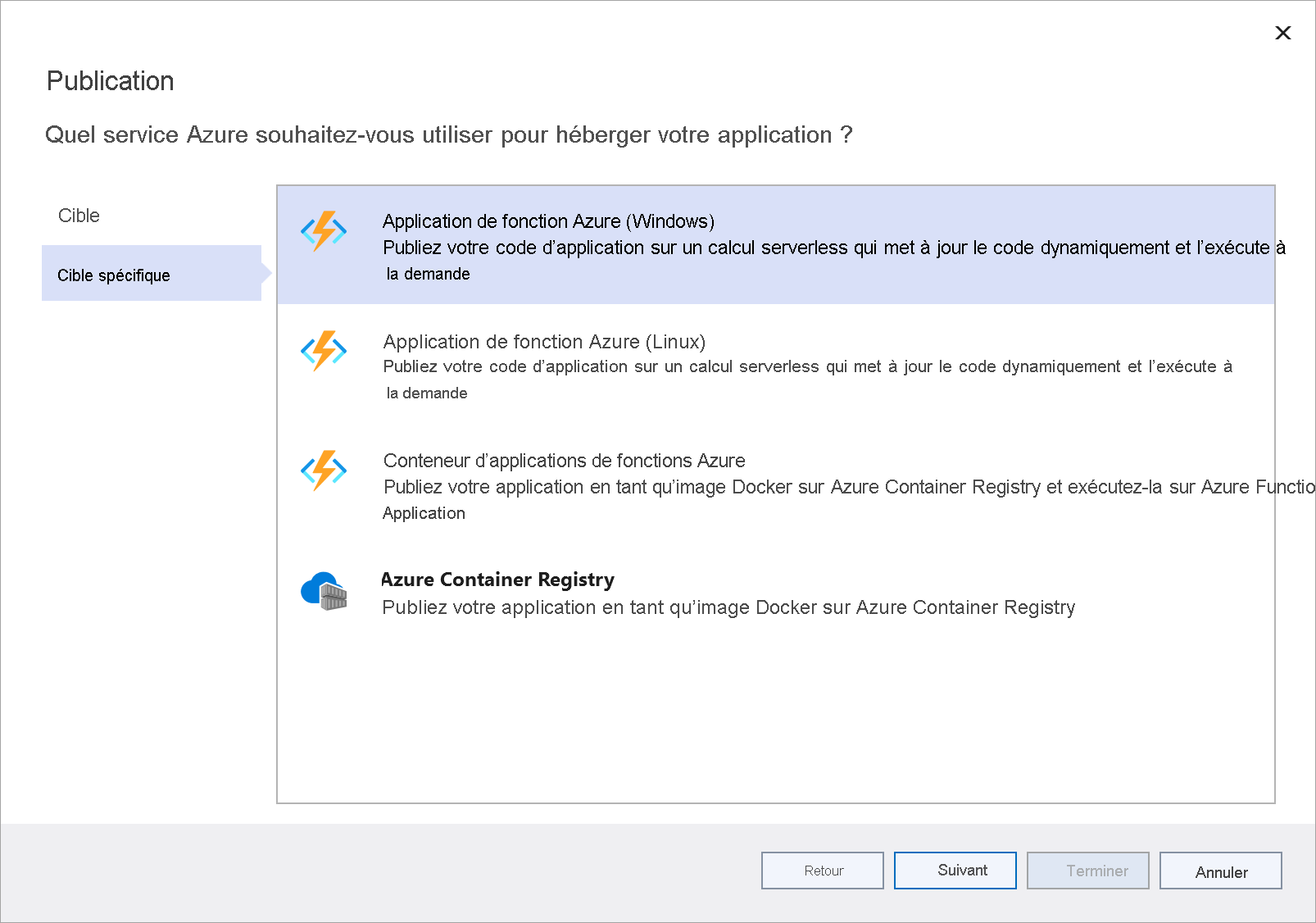 Capture d’écran de la fenêtre Publier une cible spécifique avec l’option Application de fonction Azure (Windows) en surbrillance.