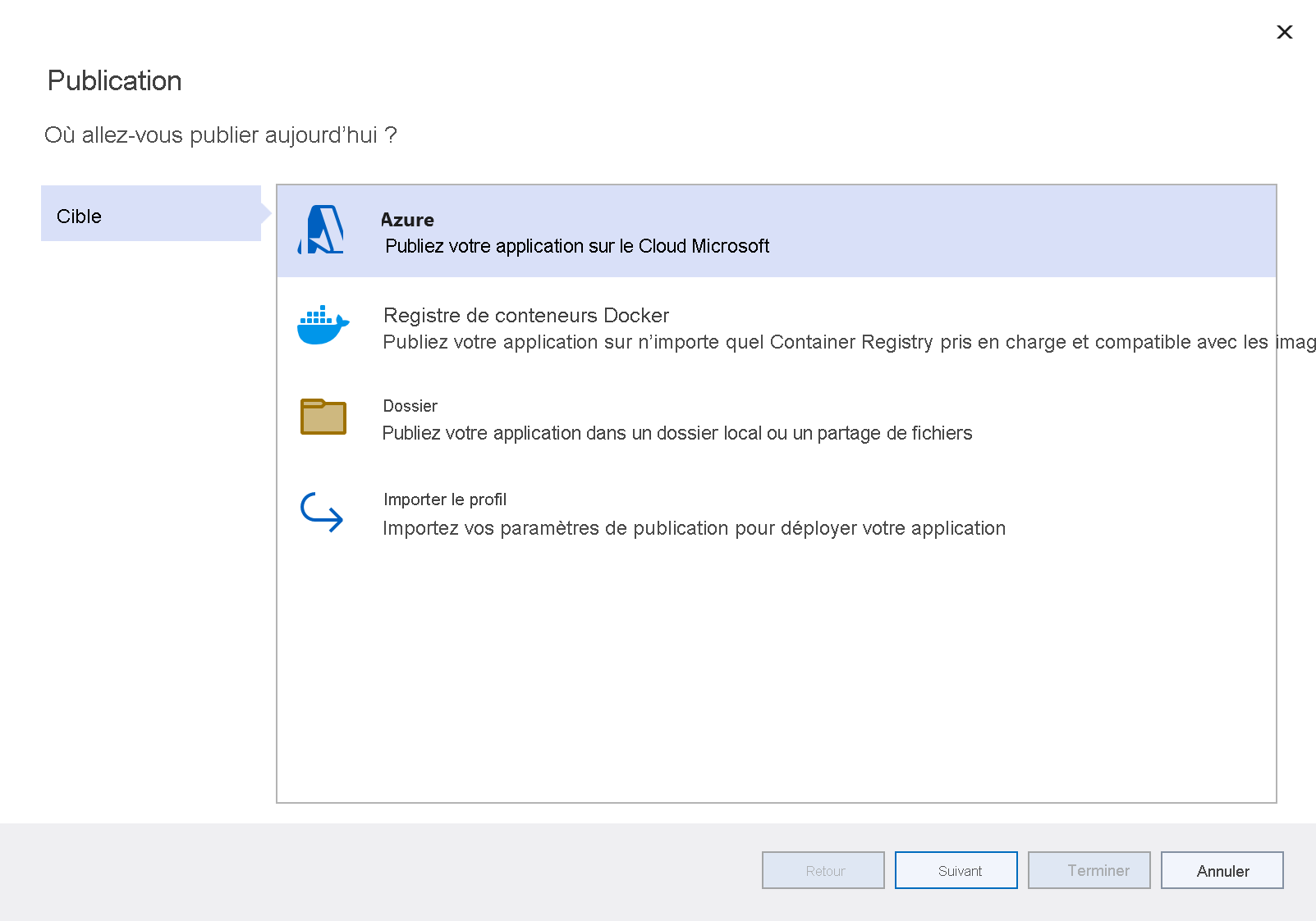 Capture d’écran de la fenêtre Publier la cible avec l’option Azure en surbrillance.
