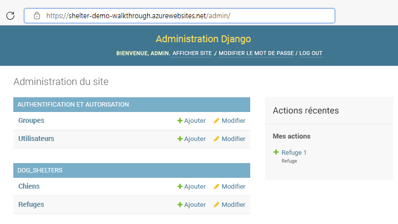 Screenshot showing Django admin and how to add shelters.