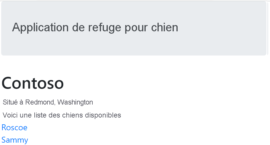 Capture d’écran de la page d’informations concernant le refuge Contoso, notamment sur les deux chiens Sammy et Roscoe.