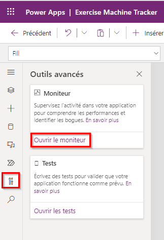 Capture d’écran du démarrage de Monitor à partir d’une application canevas.