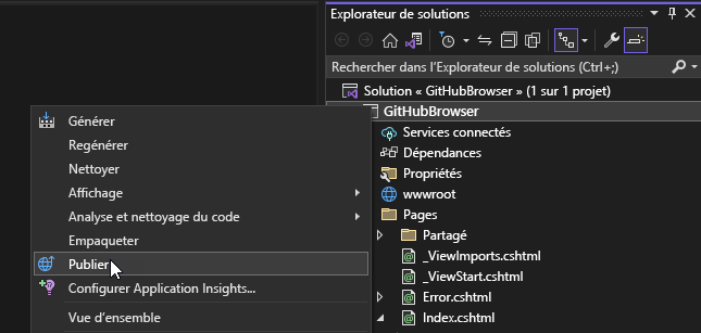 Capture d’écran de l’option de publication dans Visual Studio.