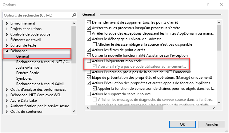 Capture d’écran des paramètres de débogage Visual Studio.