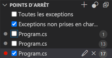 Capture d’écran des points d’arrêt répertoriés dans le volet des points d’arrêt.