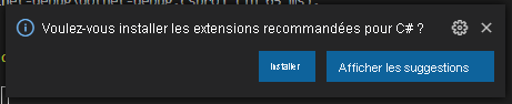 Screenshot of Visual Studio Code prompt to install the C# extension.