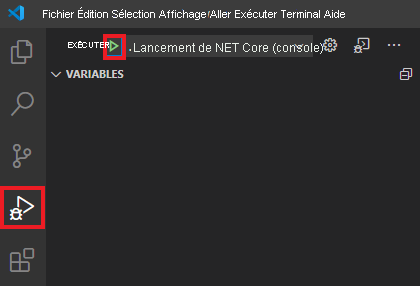 Capture d’écran du bouton Démarrer le débogage dans Visual Studio Code