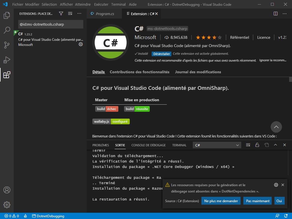 Capture d’écran de l’invite Visual Studio Code pour les ressources nécessaires.