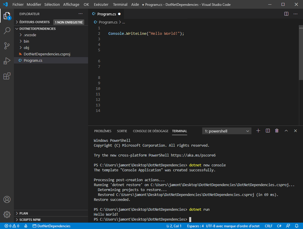 Capture d’écran de Visual Studio Code avec une nouvelle application console.