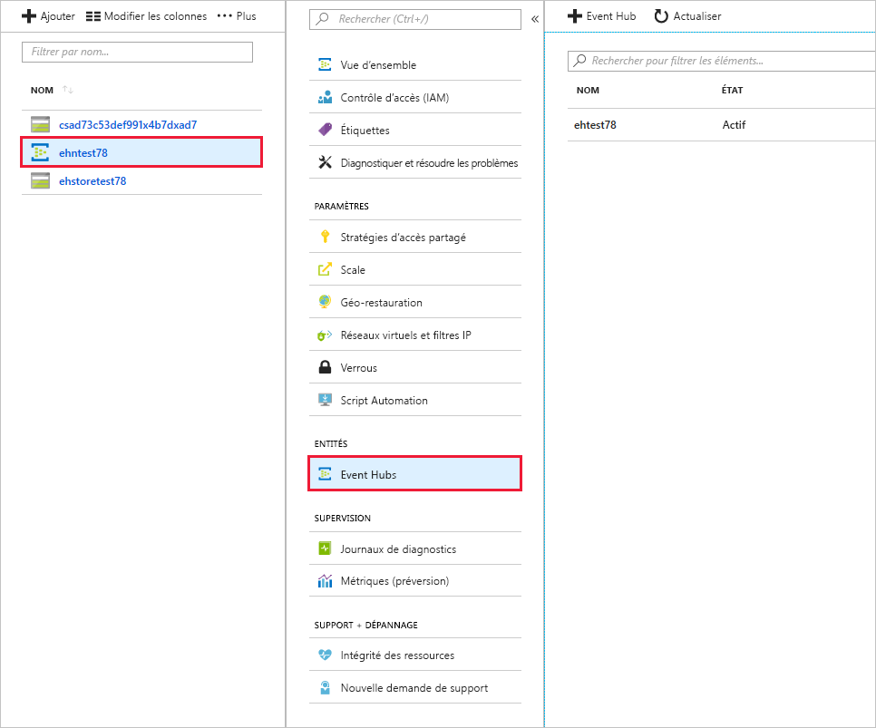 Hub d’événements affiché dans le portail Azure.