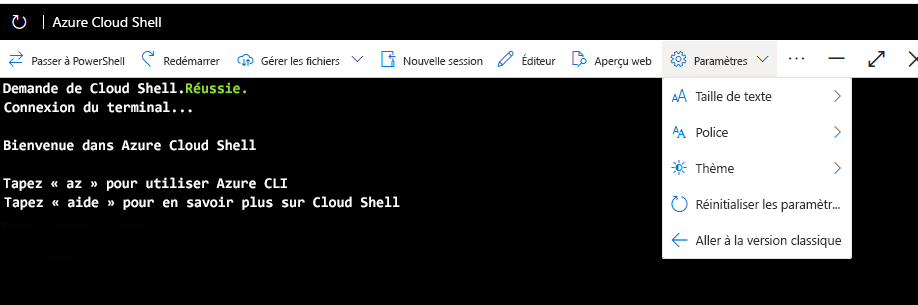 Capture d’écran montrant l’élément du menu pour passer d’Azure Cloud Shell au mode Classique.