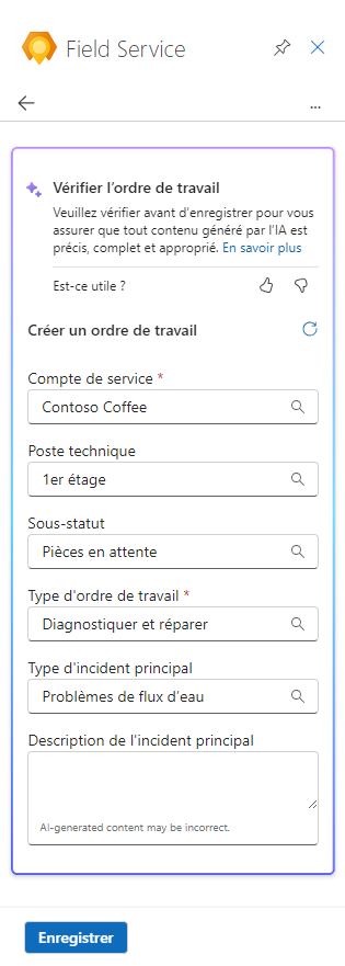 Capture d’écran de l’ordre de travail créé par Copilot dans Field Service pour examen.