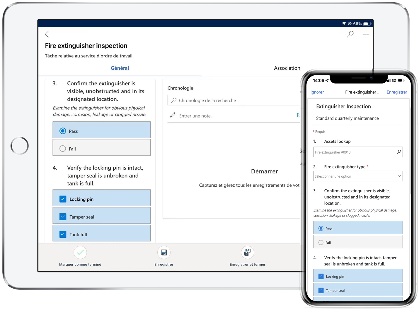 Capture d’un exemple d’écran d’inspection sur un formulaire sur tablette et appareil mobile.