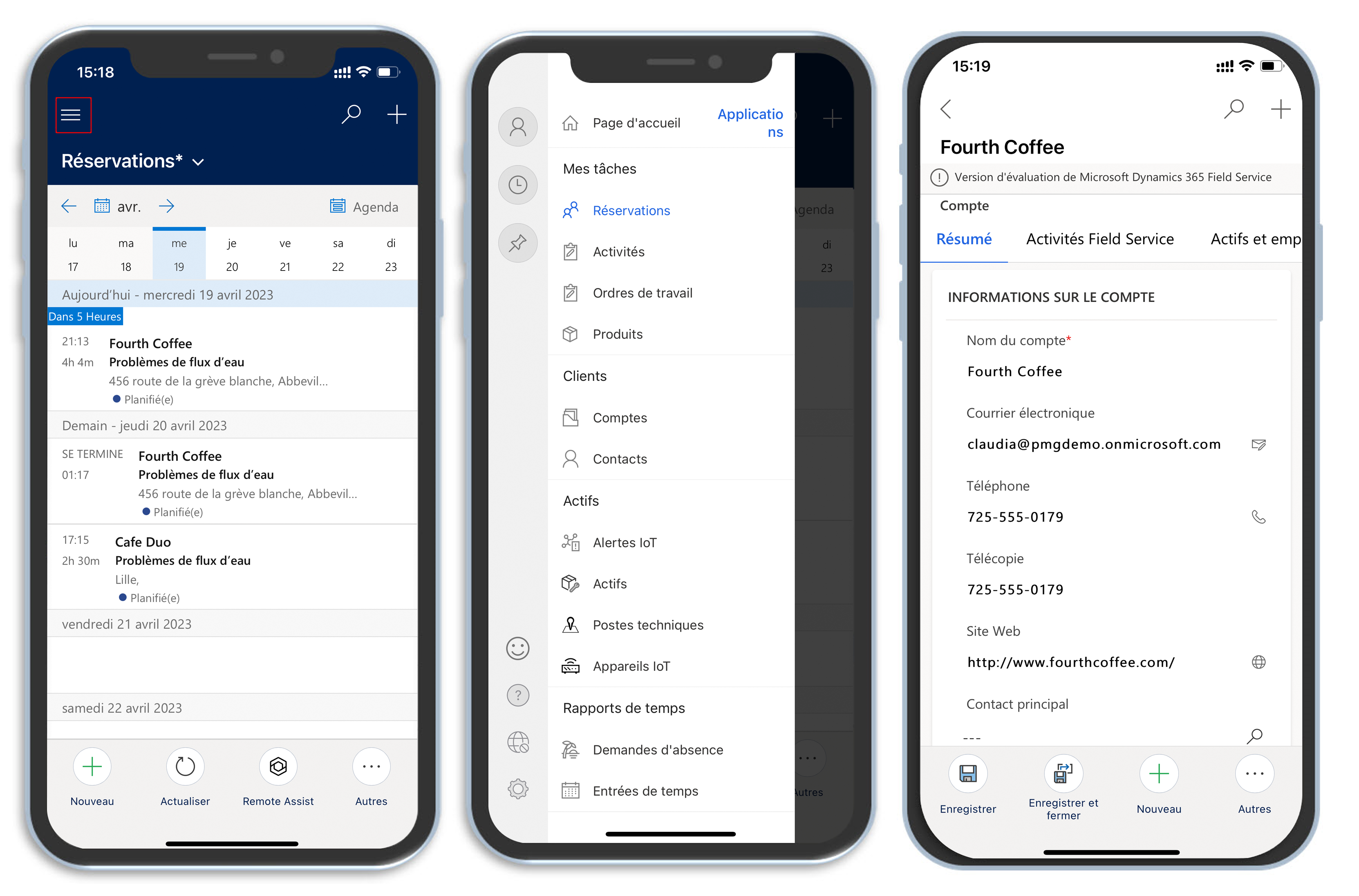 Captures d’écran des écrans Réservations, Mon travail et Compte dans l’application mobile Dynamics 365.