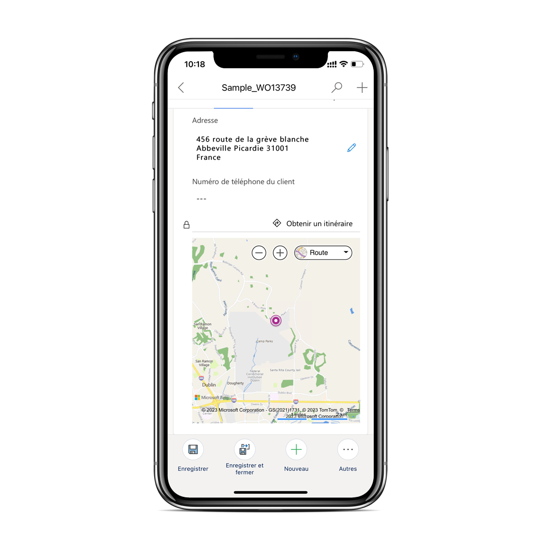 Capture d’écran des informations de localisation dans l’application mobile Dynamics 365, y compris l’adresse et la carte.