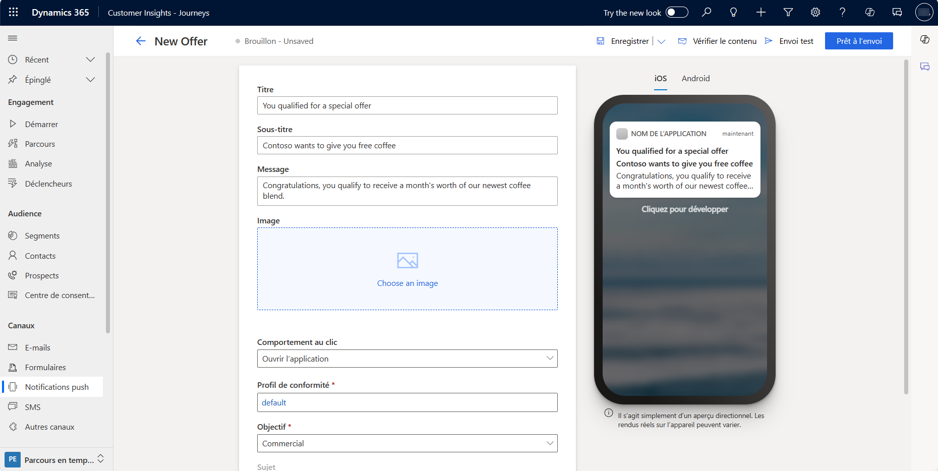 Capture d’écran illustrant un exemple de notification Push d’une offre à un client comme exemple de marketing en temps réel.