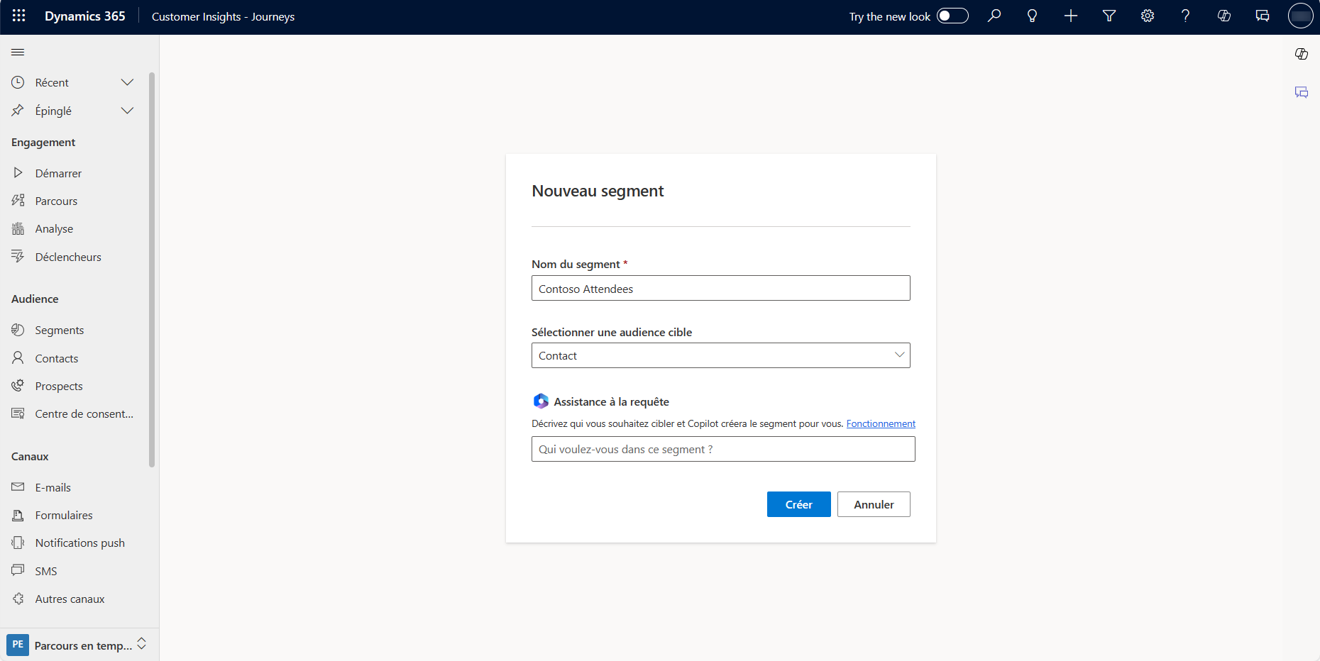 Capture d’écran de la création d’un segment marketing à l’aide de la fonctionnalité Assistant de requête de Copilot.