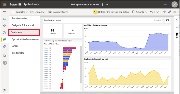 Capture d’écran de la page Sentiment du rapport.