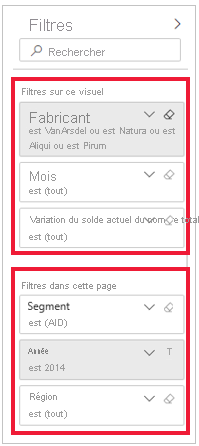 Capture d’écran du volet Filtres avec mise en évidence de la barre d’outils Filtres sur cette page.