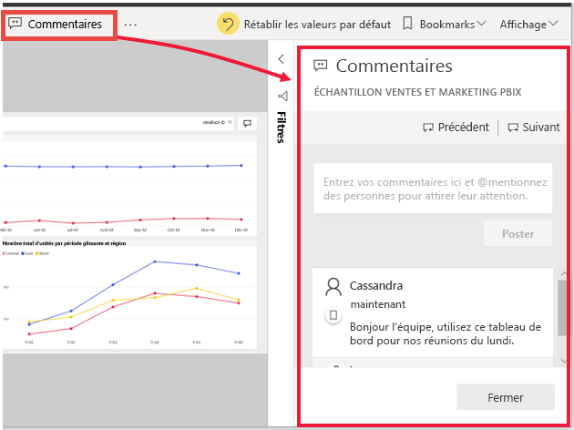 Capture d’écran d’un exemple de tableau de bord partagé avec un commentaire.