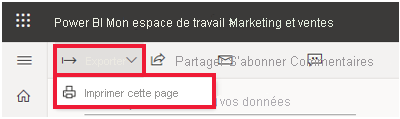 Capture d’écran du menu Fichier de Power BI développé, avec mise en évidence de l’option Imprimer cette page.