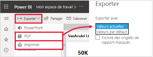 Capture d’écran du menu Exporter de Power BI développé, avec mise en évidence de l’option PDF.