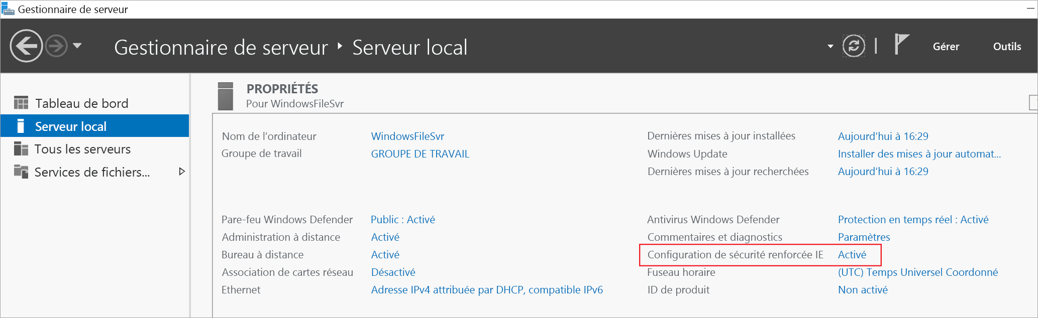 Capture d’écran montrant le bouton Activé dans Configuration de sécurité renforcée d’Internet Explorer