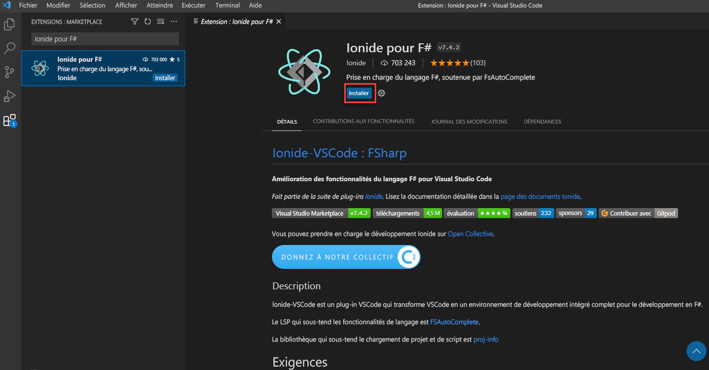 Screenshot of the Visual Studio Code extensions view that displays the F# Ionide extension install page with a box around the Install button.