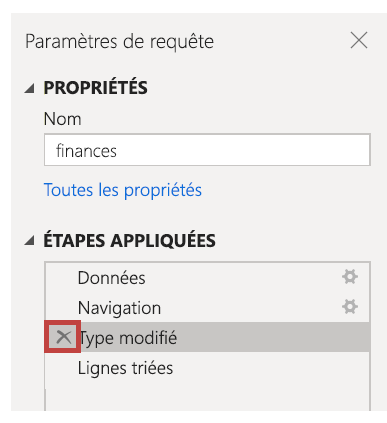 Capture d’écran montrant comment supprimer des étapes à partir de la section Étapes appliquées.