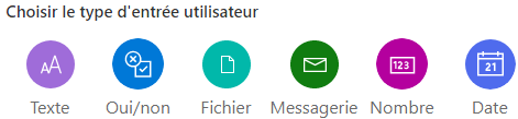 Capture d’écran des types d’entrées utilisateur : texte, oui/non, fichier, e-mail, numéro et date.