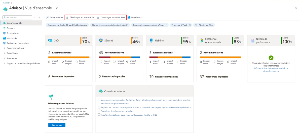 Capture d’écran montrant comment exporter les recommandations d’Advisor.