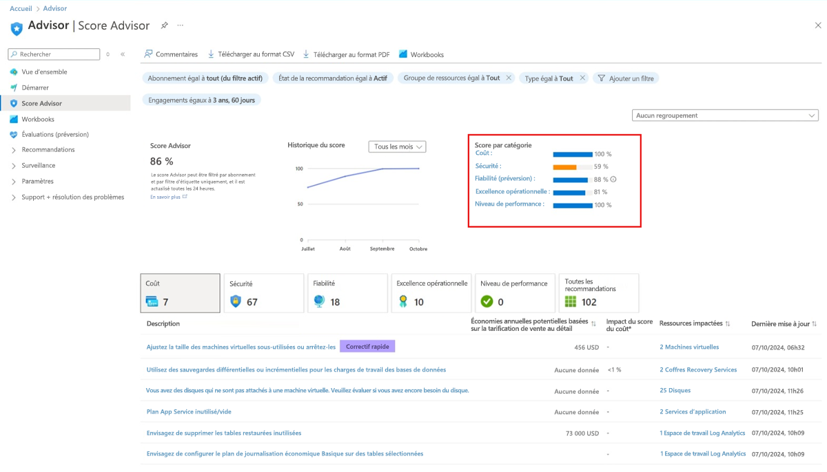 Capture d’écran montrant les scores de catégorie dans la page Score Advisor.