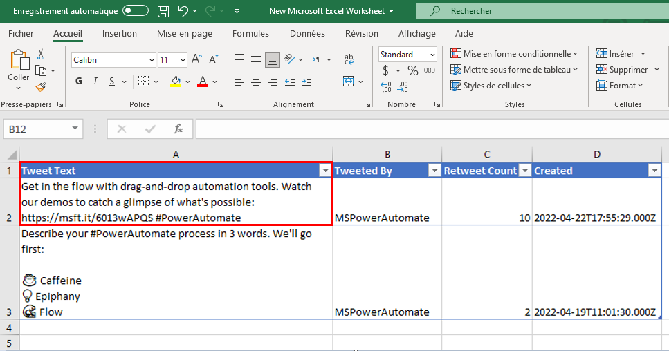 Capture d’écran du même tweet dans une feuille de calcul Excel.