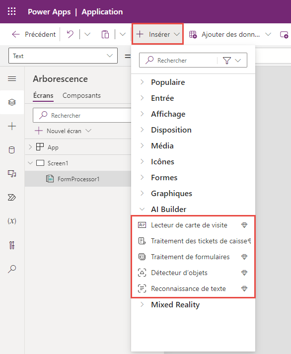 Capture d’écran du menu AI Builder développé pour révéler les options Lecteur de carte de visite, Processeur de formulaire, Détecteur d’objets et Reconnaissance de texte.