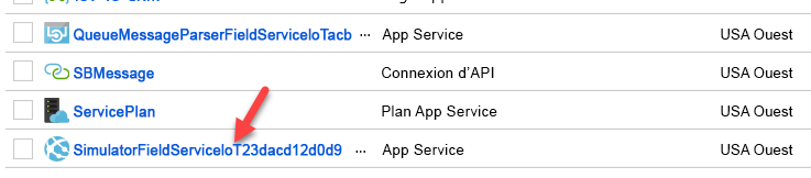 Capture d’écran de l’App Service SimulatorFieldServiceIoTXXXX.