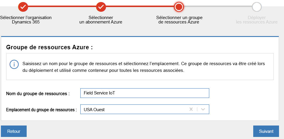 Capture d’écran de FieldServiceIoT comme Nom du groupe de ressources, de la sélection d’Emplacement du groupe et du bouton Suivant