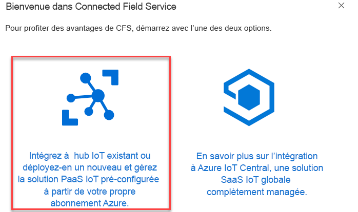 Capture d’écran de l’option Réalisez une intégration avec votre hub IoT existant ou déployez-en un nouveau et gérez la solution IoT PaaS préconfigurée à partir de votre propre abonnement Azure