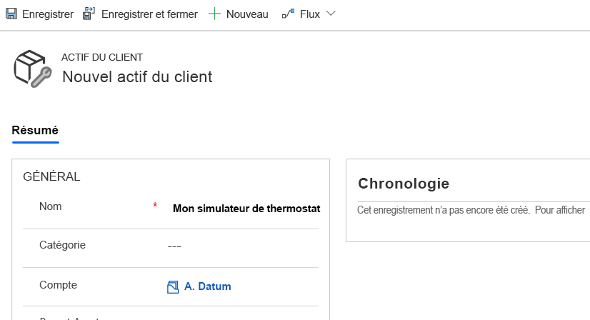 Capture d’écran de Mon simulateur de thermostat saisi dans le champ Nom et A. Datum défini pour le compte.